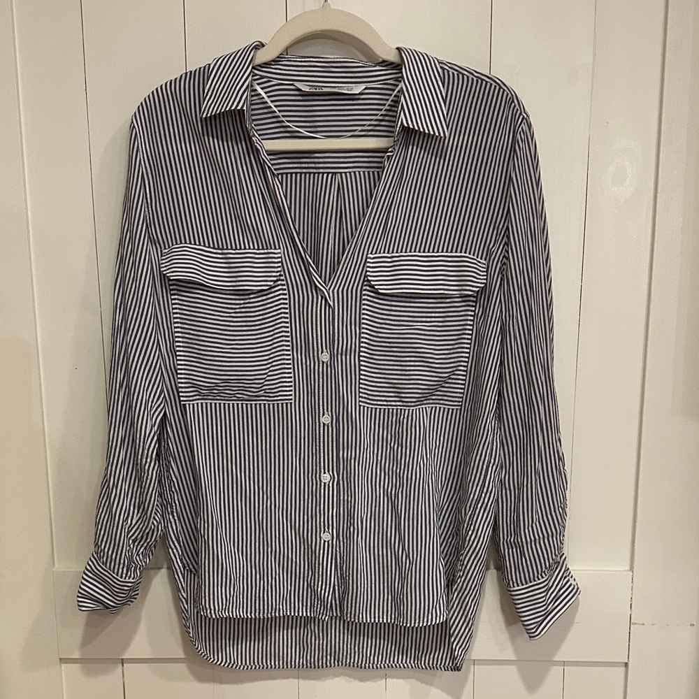 Zara Navy and White Striped Blouse Size M